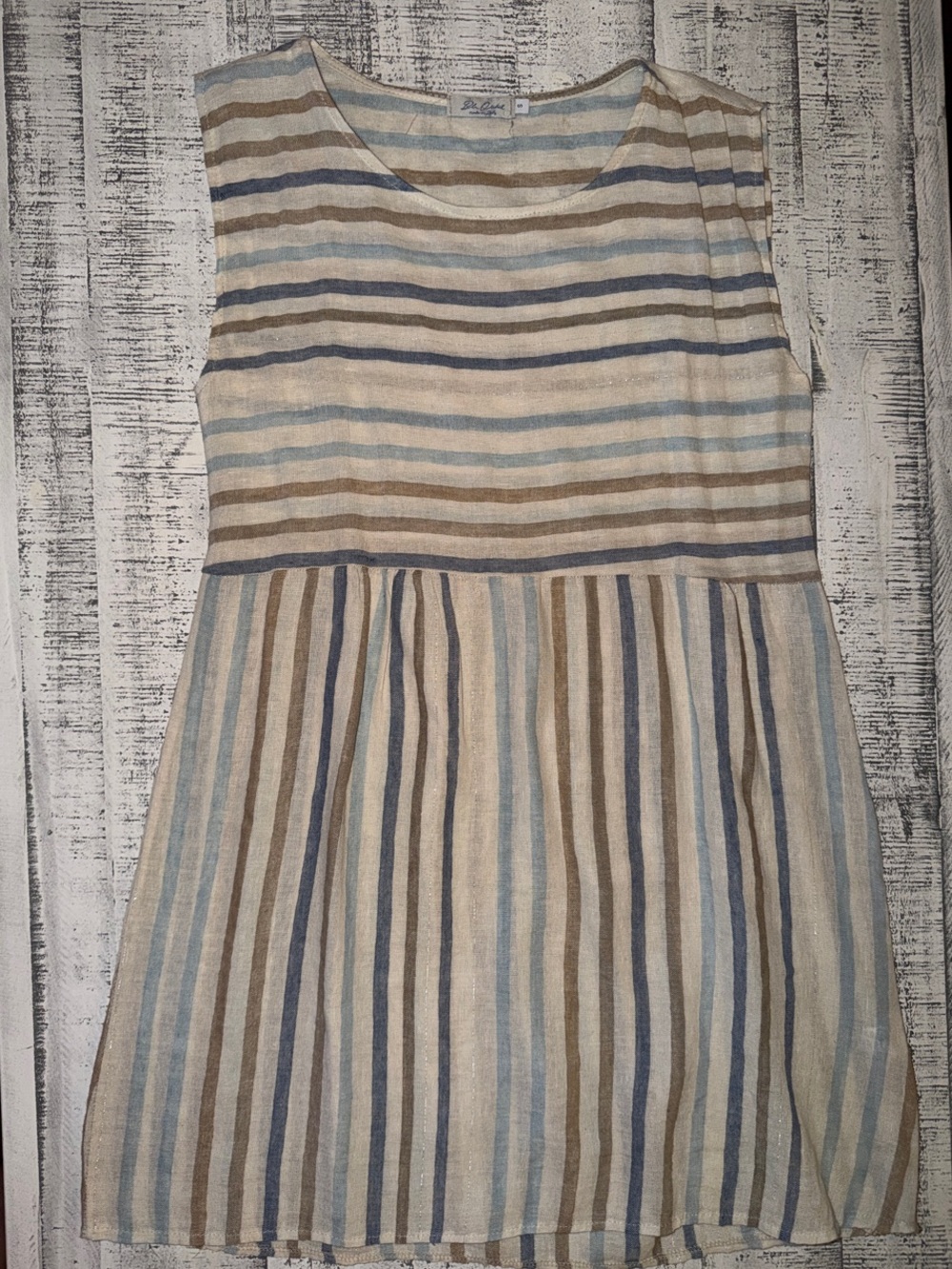 Blu Orchid Striped Linen Dress in Blue, Taupe & Cream with Subtle Silver Stripe